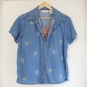 Lemon Grass Petite Embroidered Denim Floral Button-Up Top | Vintage Cottagecore